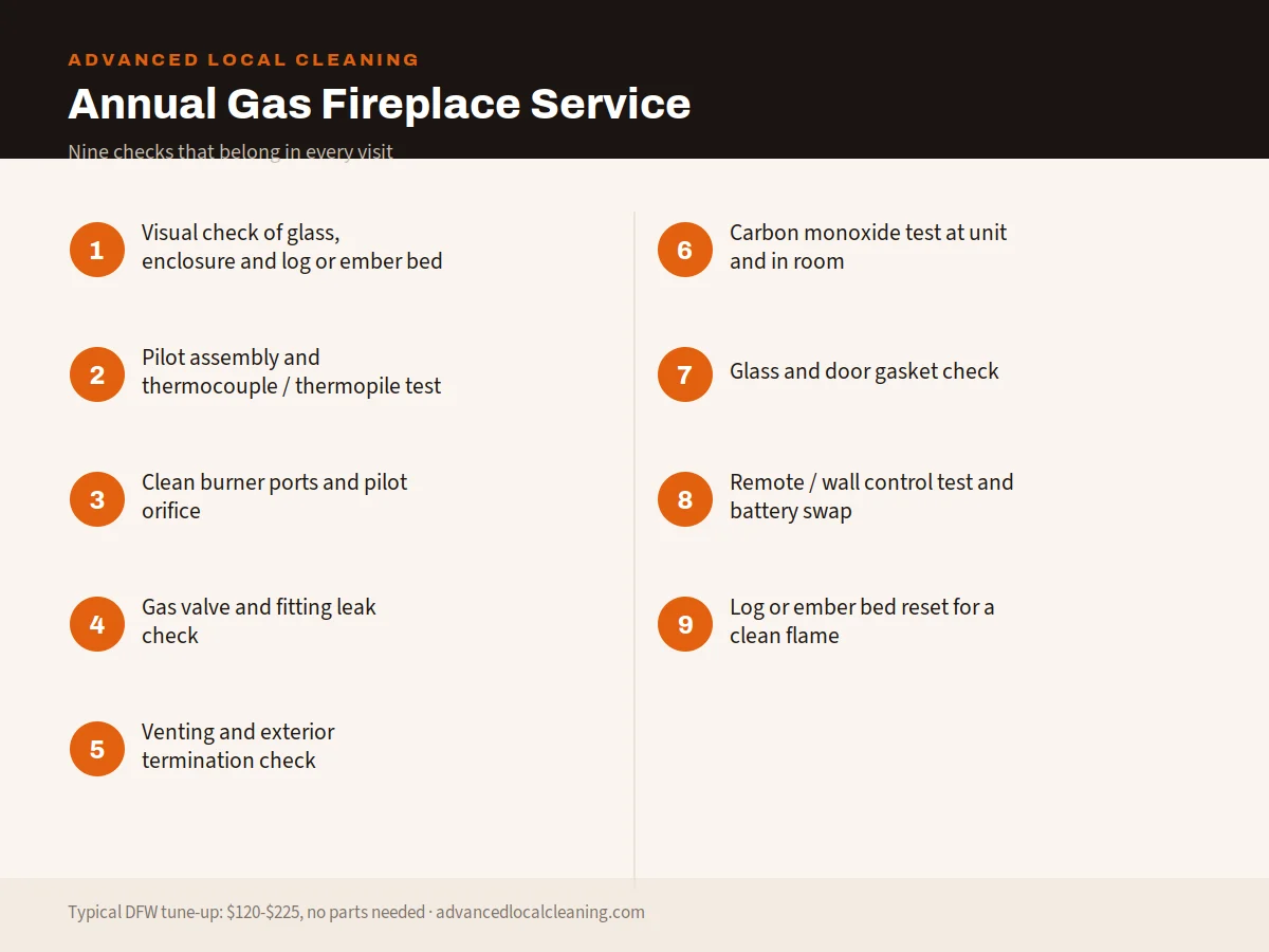 Infographic listing the nine steps of an annual gas fireplace maintenance visit, from pilot and thermocouple testing through gas valve leak check, venting inspection, carbon monoxide test and log bed reset
