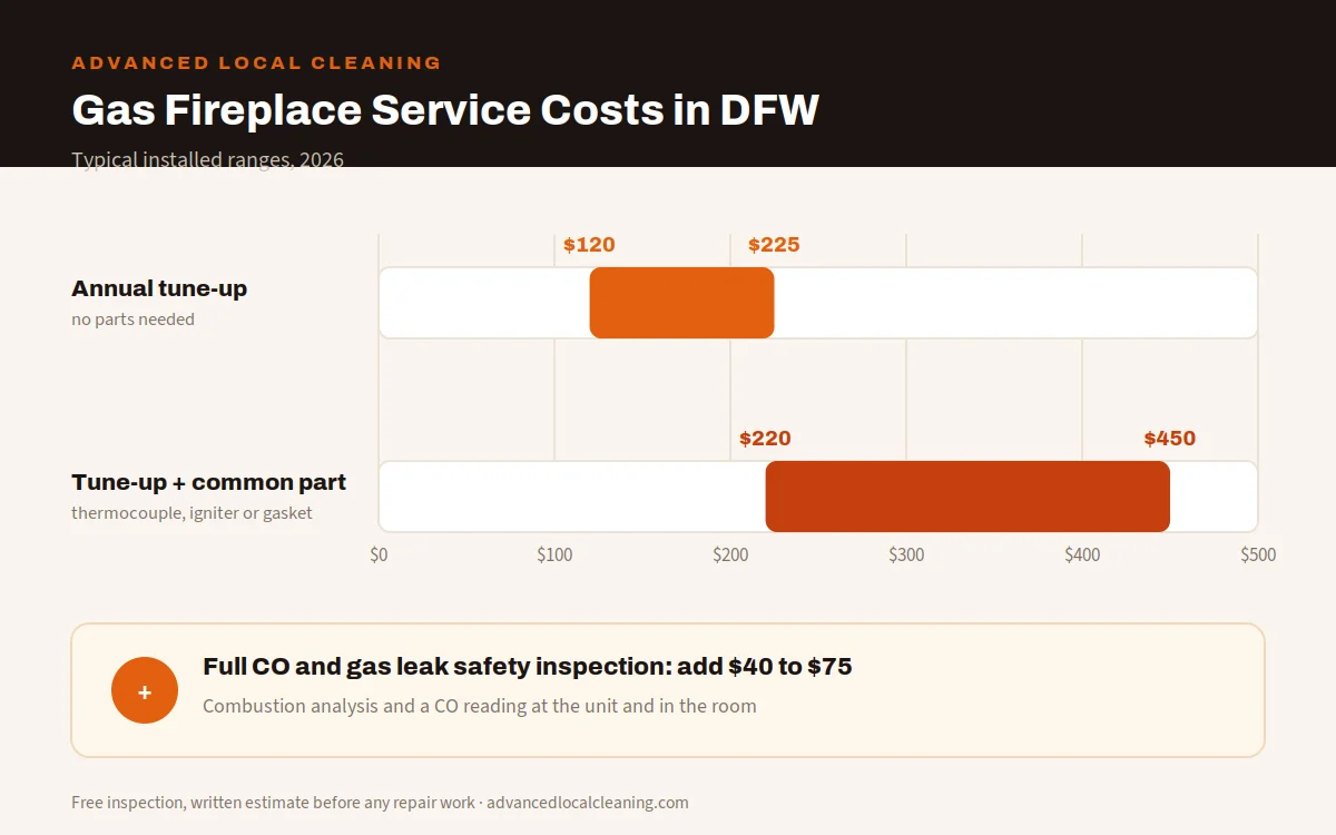 Bar chart comparing gas fireplace service costs in DFW, from a 120 to 225 dollar annual tune-up to a 220 to 450 dollar tune-up with a common part replaced, with a 40 to 75 dollar CO safety inspection add-on