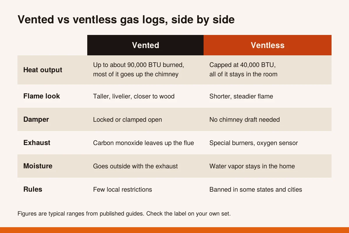 Table comparing vented and ventless gas logs on heat output, flame look, damper, exhaust, moisture and local rules