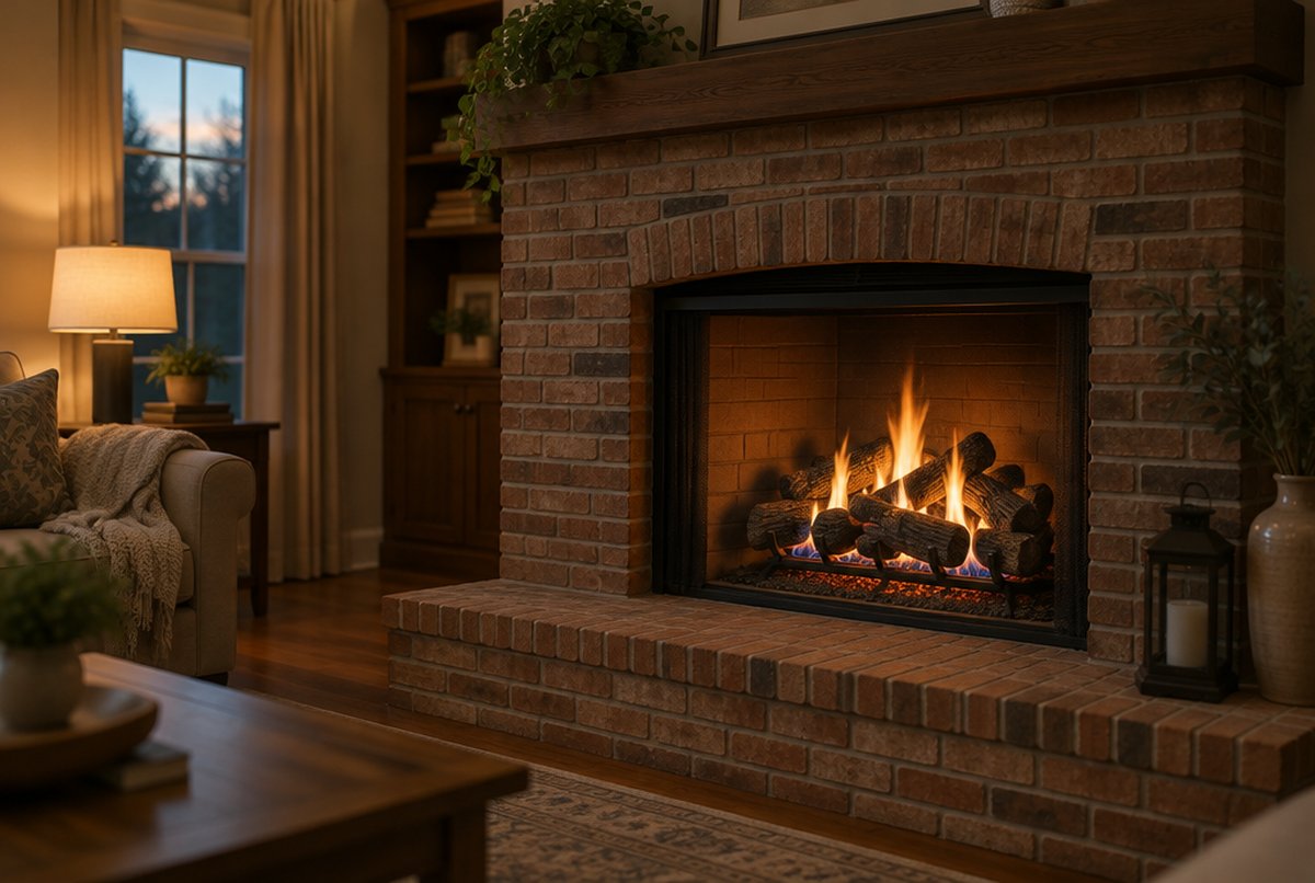Brick fireplace in a living room with a gas log set burning with orange flames