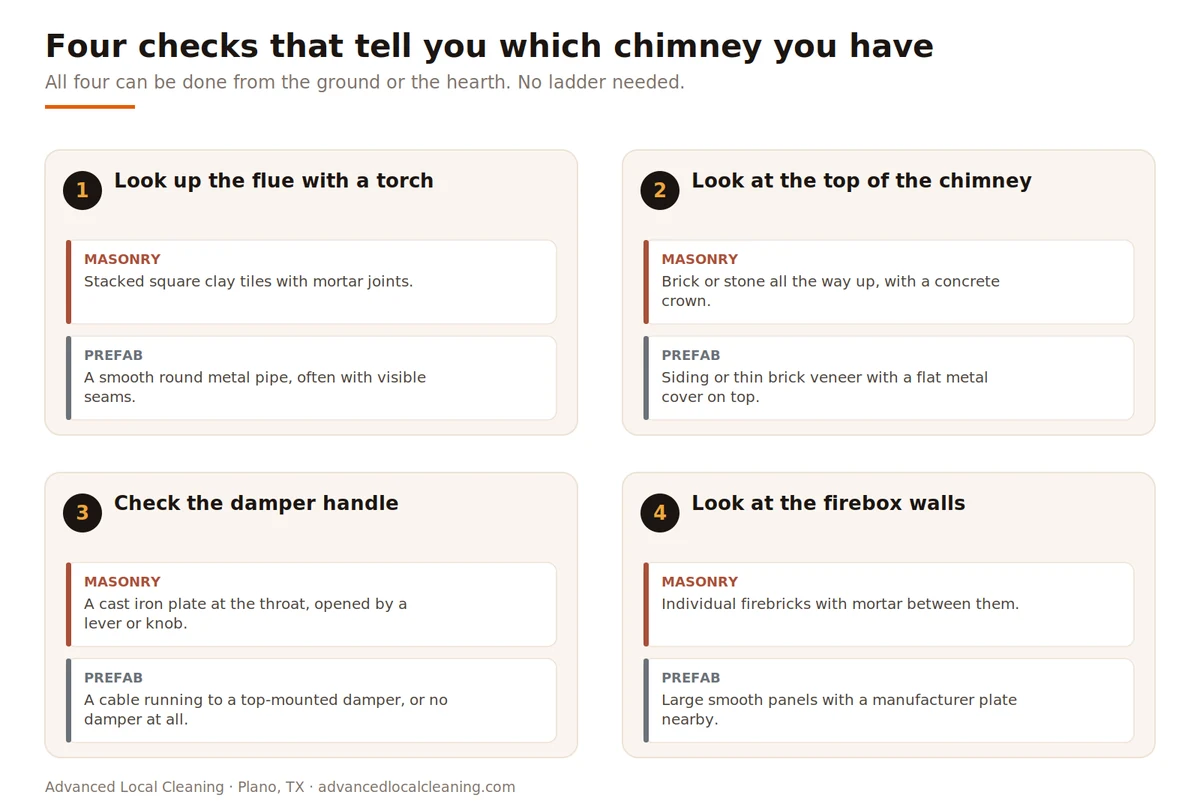 Infographic showing four checks to identify a masonry or prefab chimney: the flue, the top of the chimney, the damper handle and the firebox walls