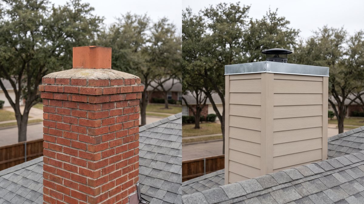 Side by side comparison of a red brick masonry chimney with a concrete crown and a prefab chimney chase clad in beige siding with a galvanised metal chase cover
