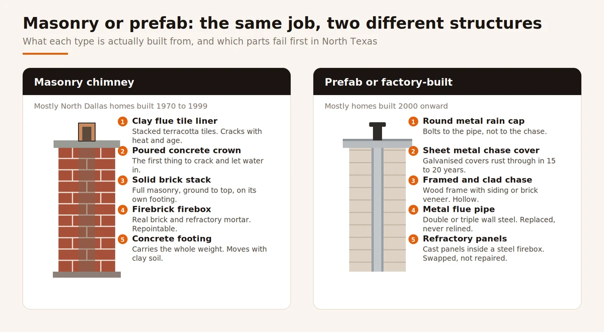 Diagram comparing the parts of a masonry chimney and a prefab chimney, from the crown and flue tile to the chase cover and refractory panels
