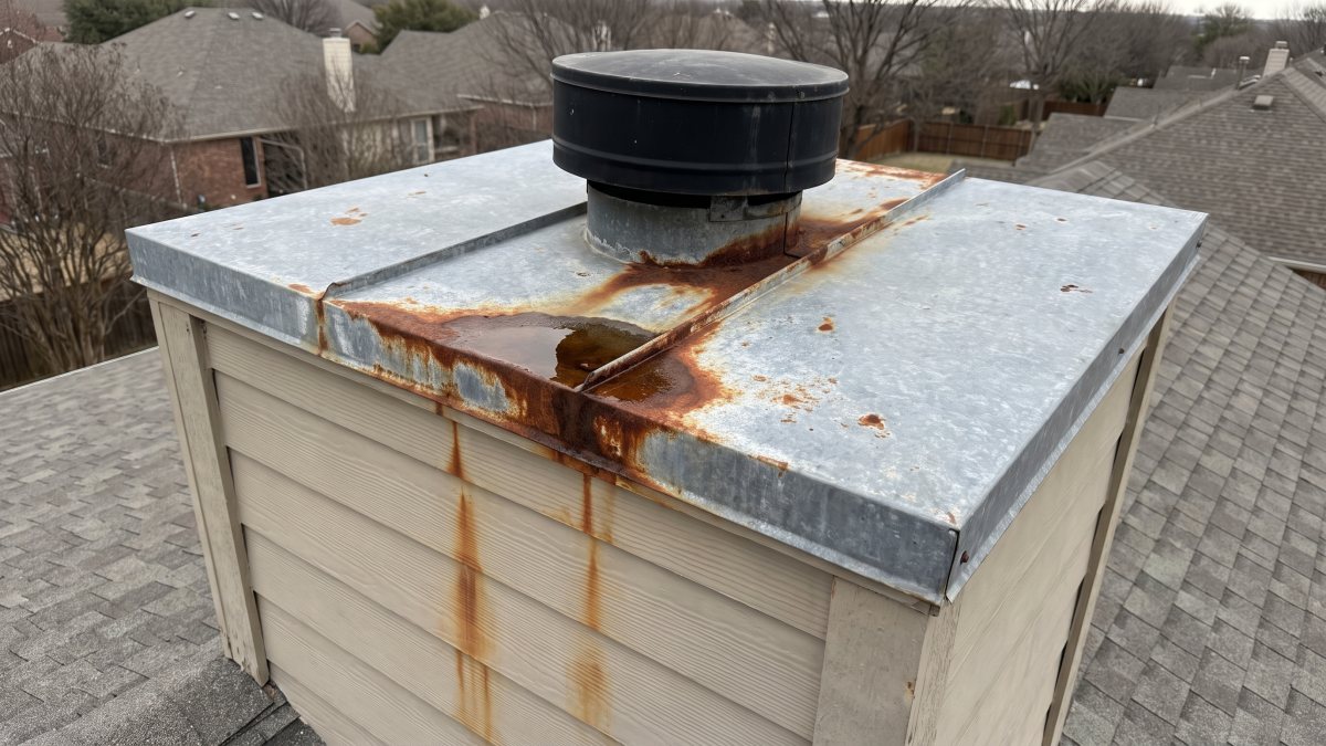 A rusted galvanised chimney chase cover on a prefab chimney chase, with standing water pooling at a seam and rust streaks running down the beige siding below