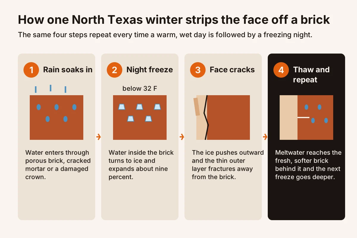 Four step diagram showing rain soaking into brick, water freezing and expanding at night, the outer face cracking off, and meltwater reaching fresh brick so the cycle repeats