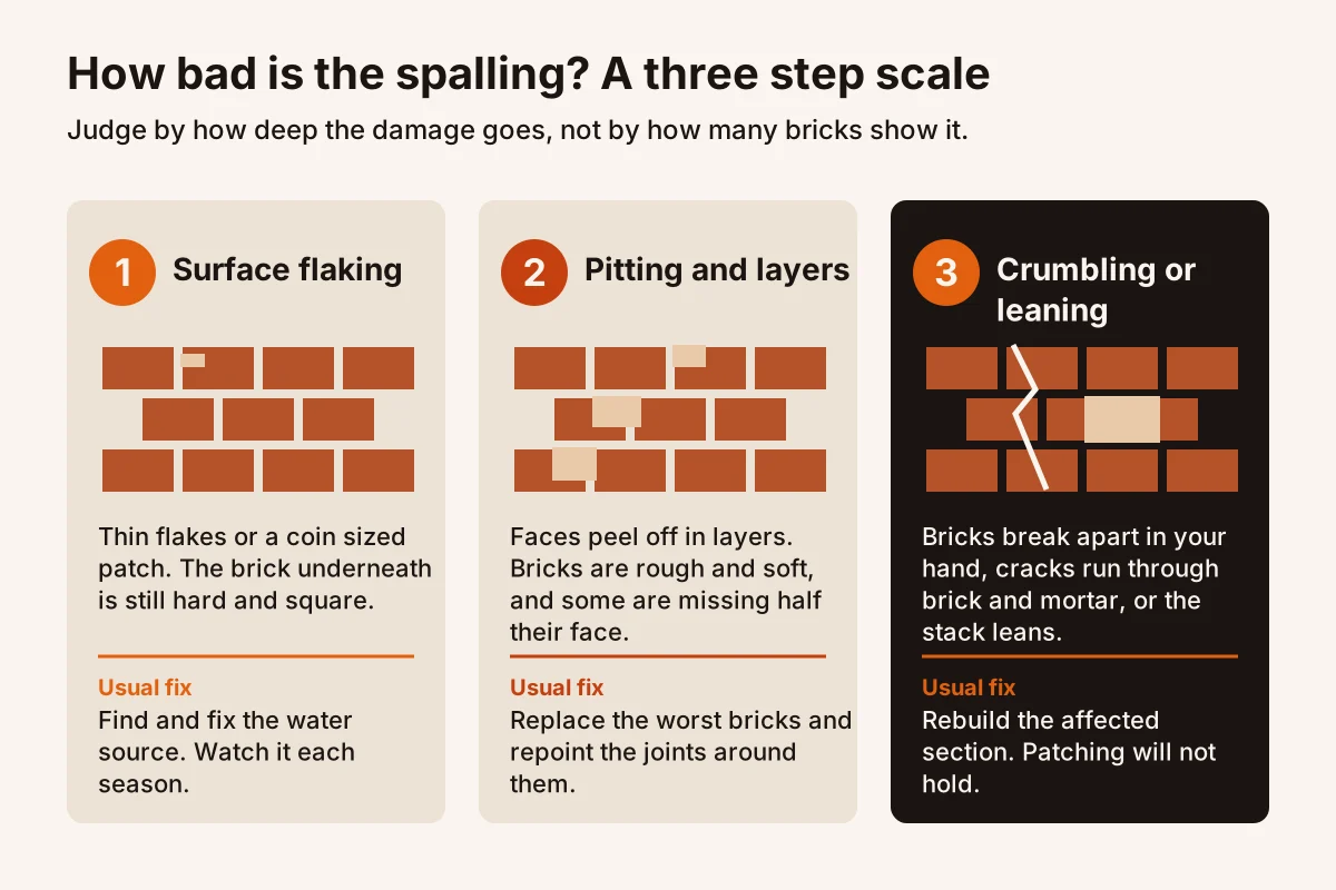 Three column chart ranking chimney spalling from surface flaking, to pitting and layers, to crumbling or leaning brick, with the usual fix for each level