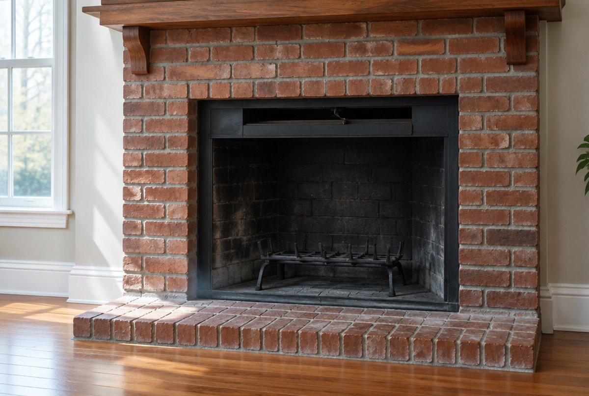 A clean brick fireplace with an empty black firebox and an open damper in soft window light, the kind of hearth where a lingering chimney smell can show up on humid days