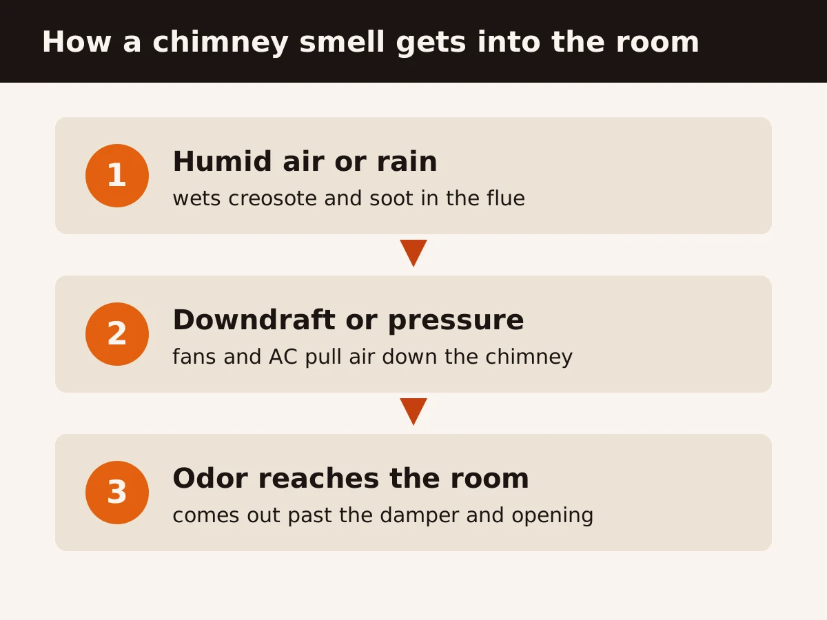 Diagram of how a chimney smell reaches the room: humid air or rain wets creosote and soot in the flue, a downdraft or pressure imbalance pushes that air down the chimney, and the odor comes out through the damper and fireplace opening