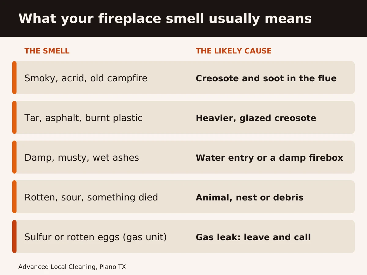 Infographic matching fireplace smells to likely causes: smoky or campfire smell to creosote and soot, tar or asphalt smell to glazed creosote, musty or damp smell to water entry, rotten or sour smell to an animal or debris, sulfur smell near a gas fireplace to a gas leak