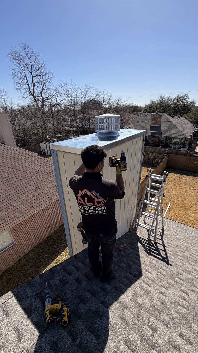 An ALC technician fitting a replacement metal chase top to a framed chimney chase